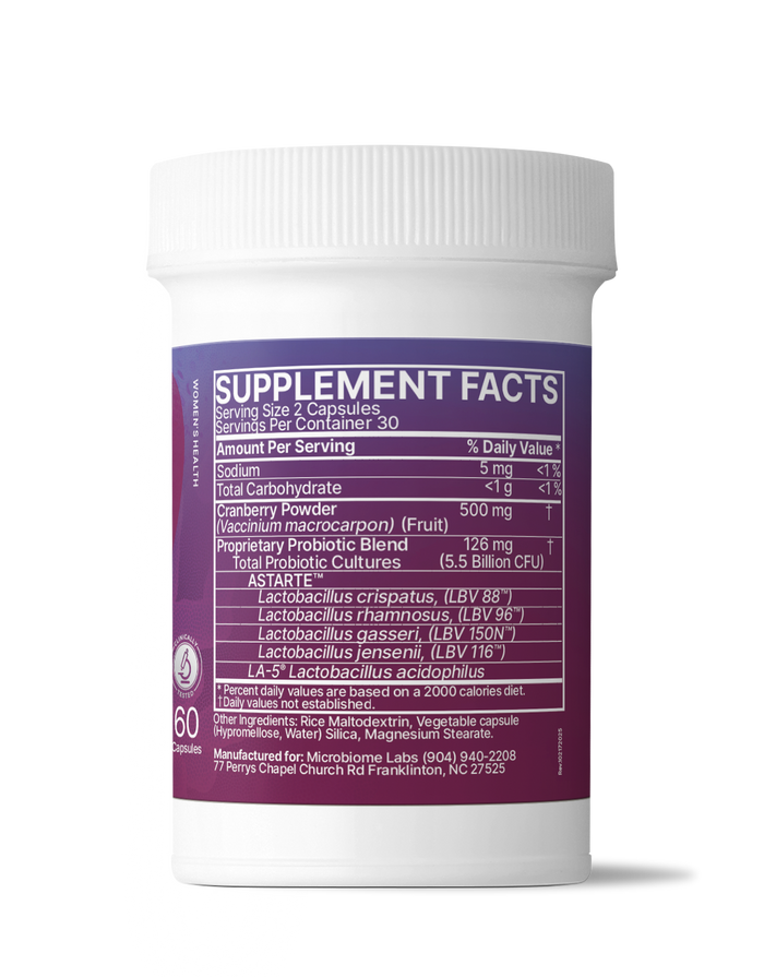 Supplement facts label for Vaginal Balance, Support for Healthy Vaginal pH Balance, featuring probiotic ingredients.