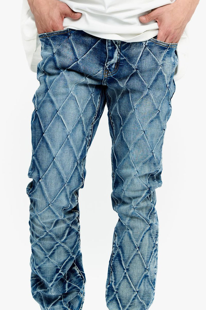 Valabasas Tire Blue Washed Stacked Denim Jeans close-up of pocket details
