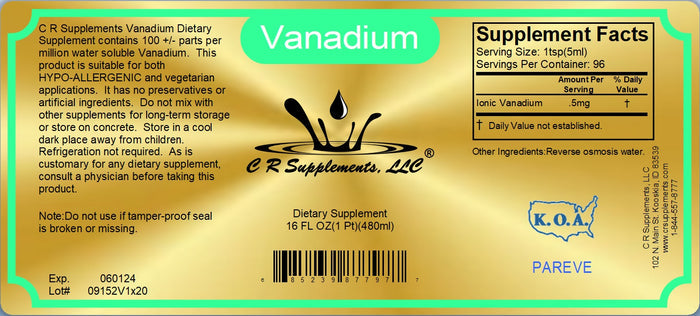 Vanadium Ionic Liquid Mineral dietary supplement label with serving facts and usage instructions.