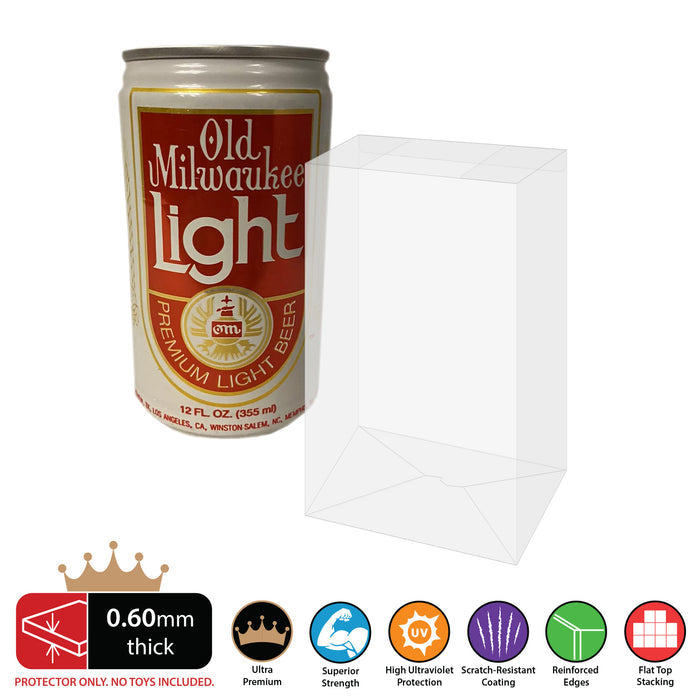 0.60mm thick beer can protector for standard 12 oz beer can. uv resistant eco pop shield for your vaulted vinyl figures by Display Geek and Kollector Protector