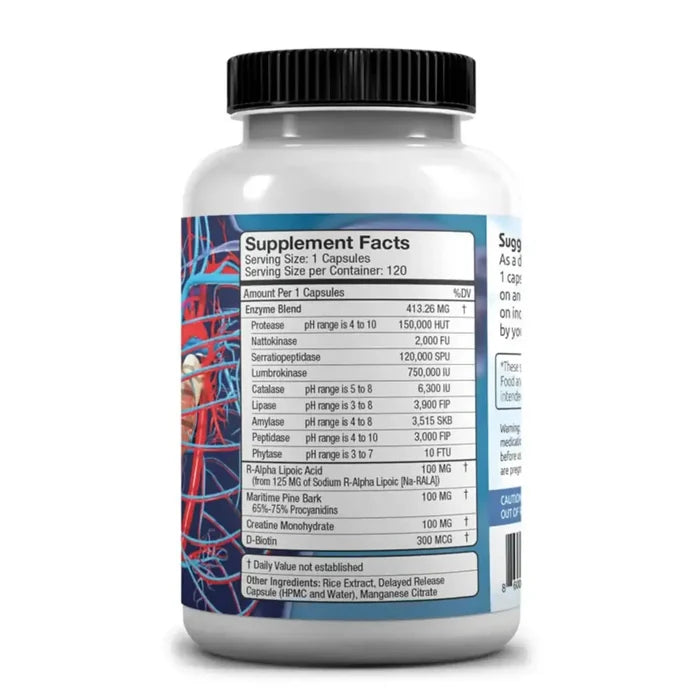 Vital Health cardiovascular enzyme supplement bottle with supplement facts and ingredients.