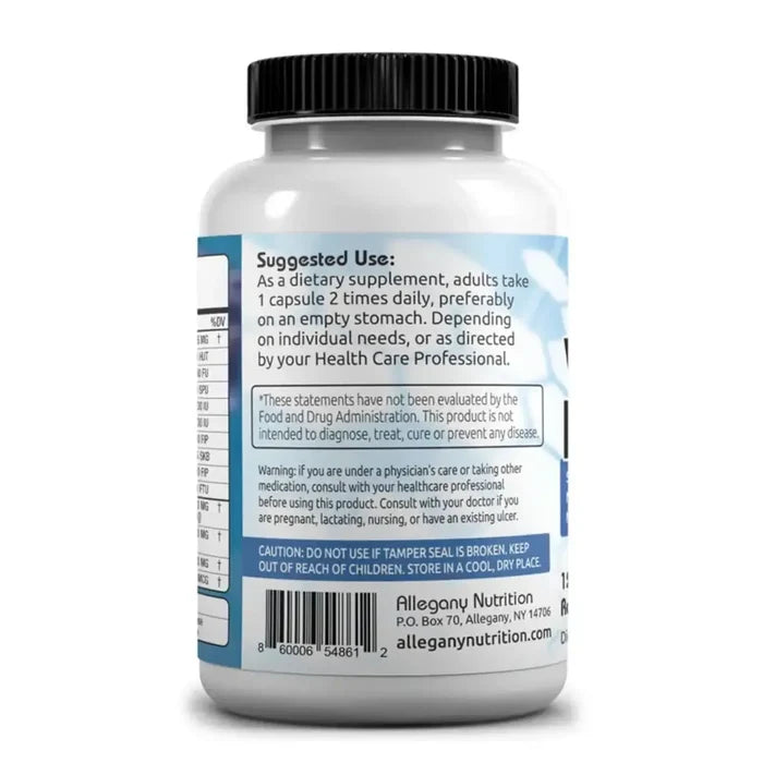 Back label of Vital Health cardiovascular enzyme supplement bottle with directions and warnings.