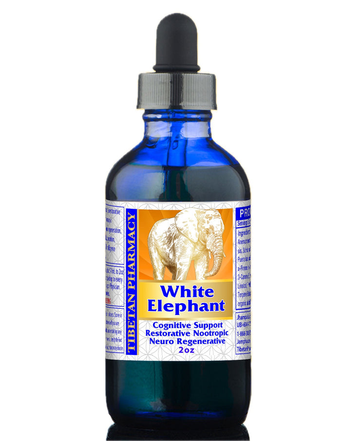 White Elephant - Plant Based Brain Body Botanical Matrix by Tibetan Pharmacy in a blue tincture bottle.