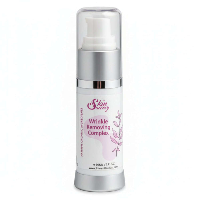 Wrinkle Removing Complex - Hydration to Plump Fine Lines by Skin Sorcery in a white pump bottle