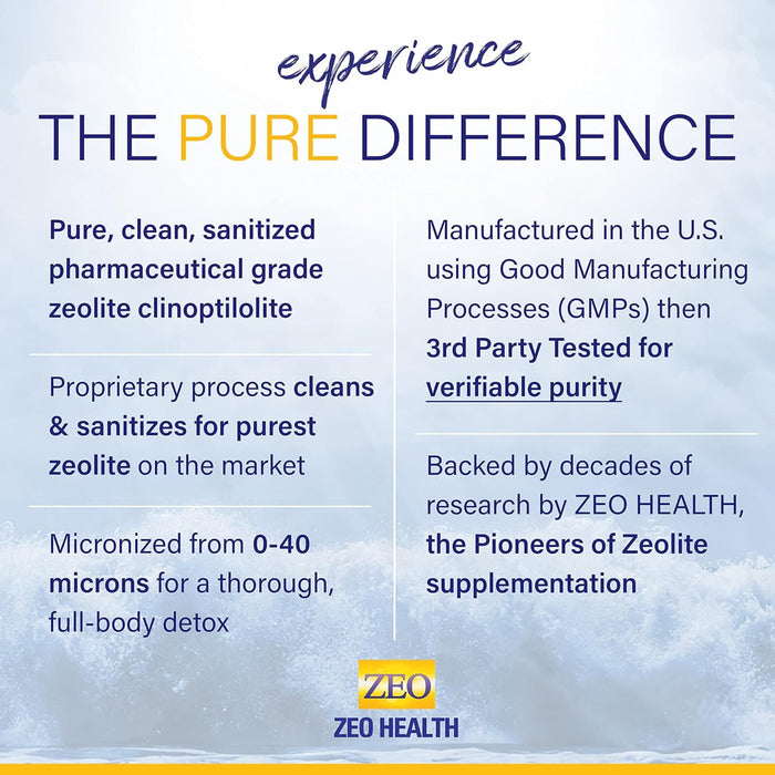 Zeolite Pure 400g container with a white label featuring blue text, set against a light background.